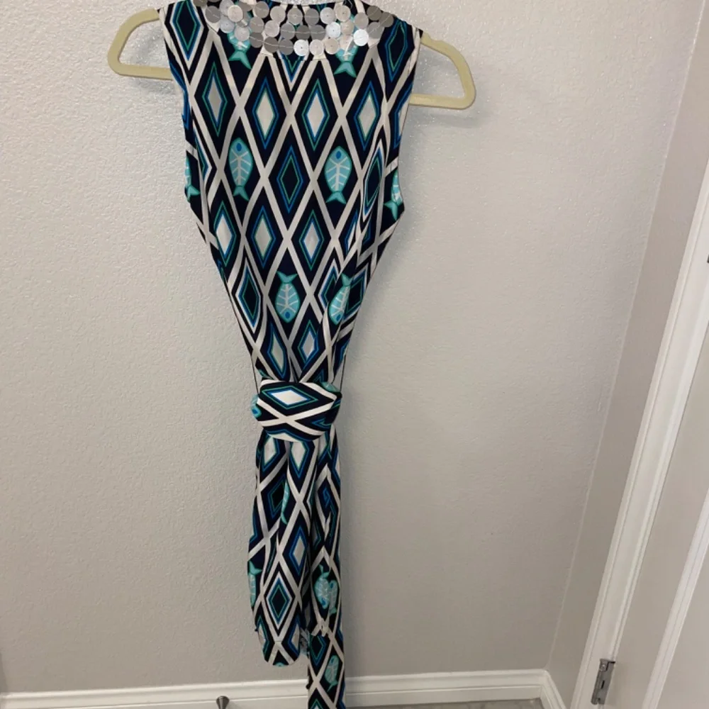 VINTAGE TORY BURCH 100% Silk Fish Print Blue/Turquoise  Kaftan Dress Size4